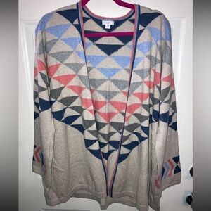 J Jill Open Front Cardigan Cream Multicolor With Triangle Design Size Large 9707